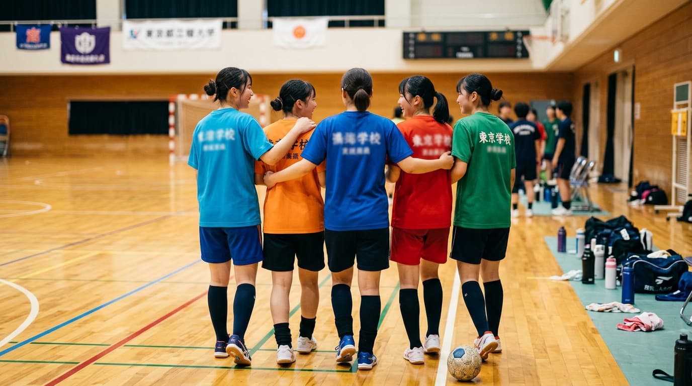 体育館で肩を組むハンドボール部員たちの後ろ姿