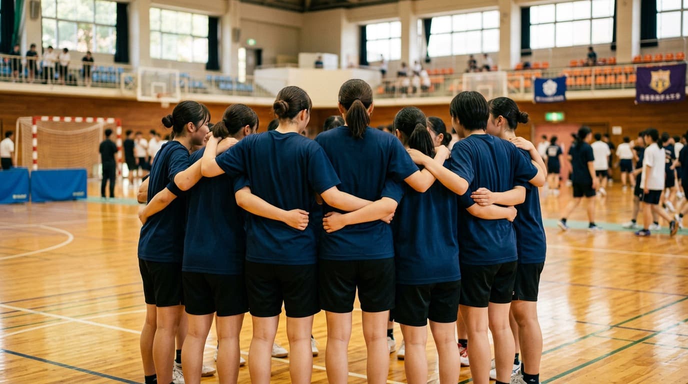 おそろいのTシャツを着たハンドボール部員たちの後ろ姿