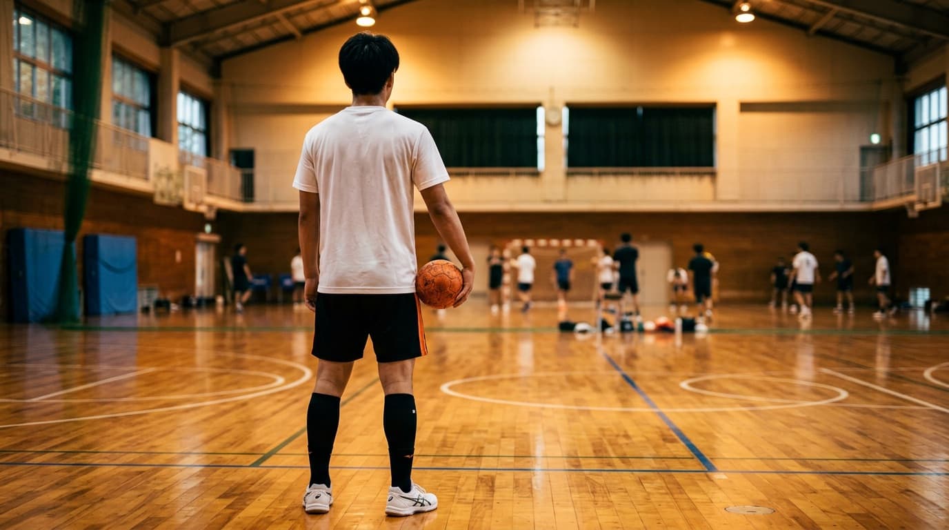 体育館でハンドボールを持つ選手の後ろ姿